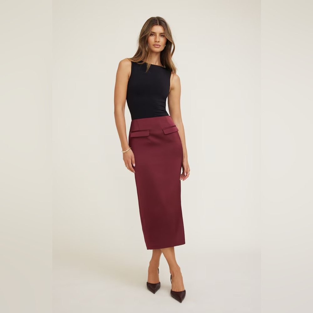 DYNAMITE Satin Midi Deep Red Pencil Skirt